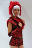 Our model is wearing the High-End Fur Bolero Vest in Red Shag with Flames lining.