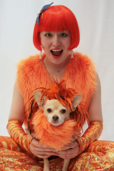 Our model is wearing the 1920's Bob  wig in Orange.