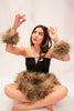 Our model is wearing the High-End Fur Cuffs in Lemur.